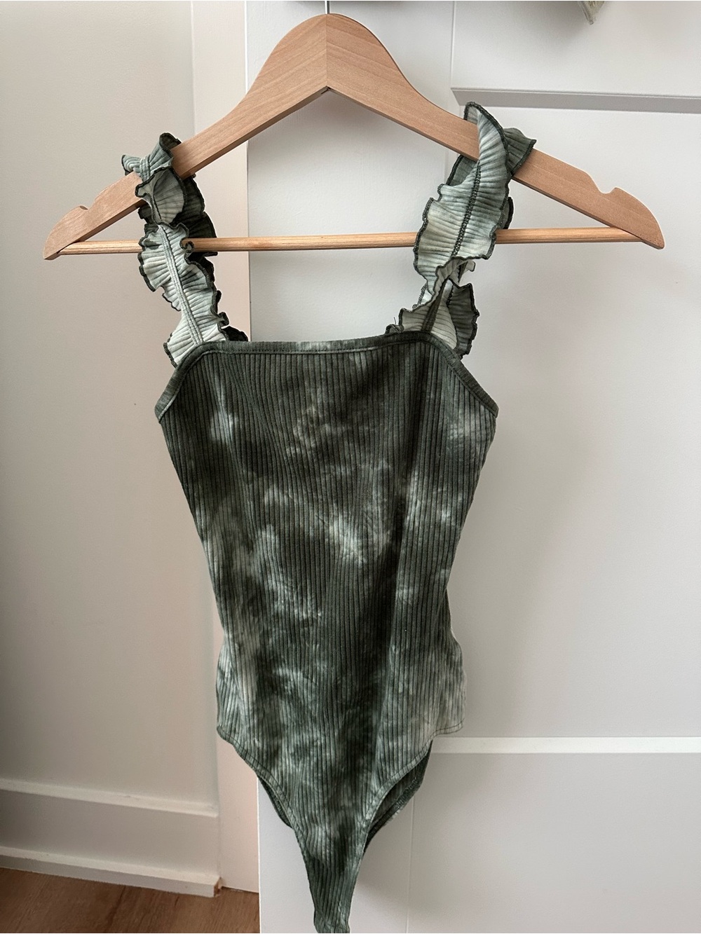 Le Lis Olive Green Tie-Dye Ribbed One-Piece with Ruffle Straps